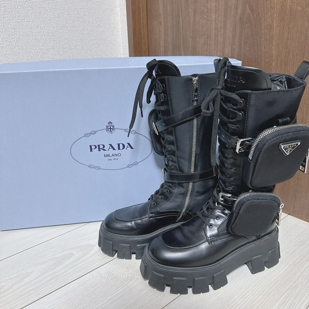 PRADA - 【PRADA】モノリス ロングブーツ 36 レザー 編み上げ【23.5cm