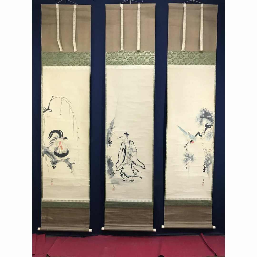 真作/狩野岑信/桃仙人/東方朔/鳥図/三幅対/江戸前期/掛軸☆宝船☆AE