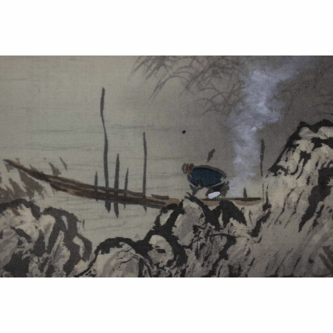 真作】絵画 油彩10号 渓谷の舟行 雄大な山水と静けさの漂う風景画 Y52