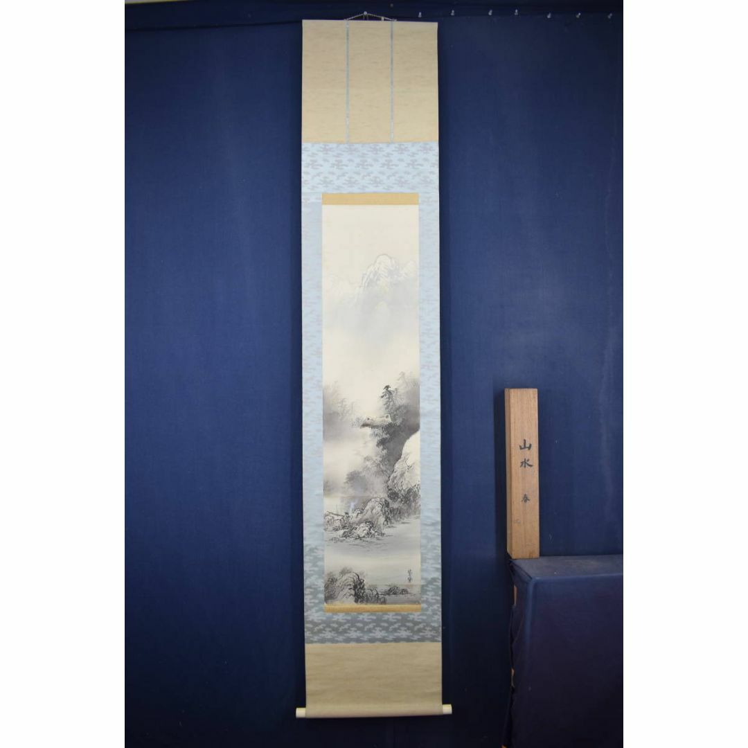 真作】紫鳳/谷川紫鳳/早春梅花山水図/漁舟図/掛軸☆宝船☆Y-385の通販