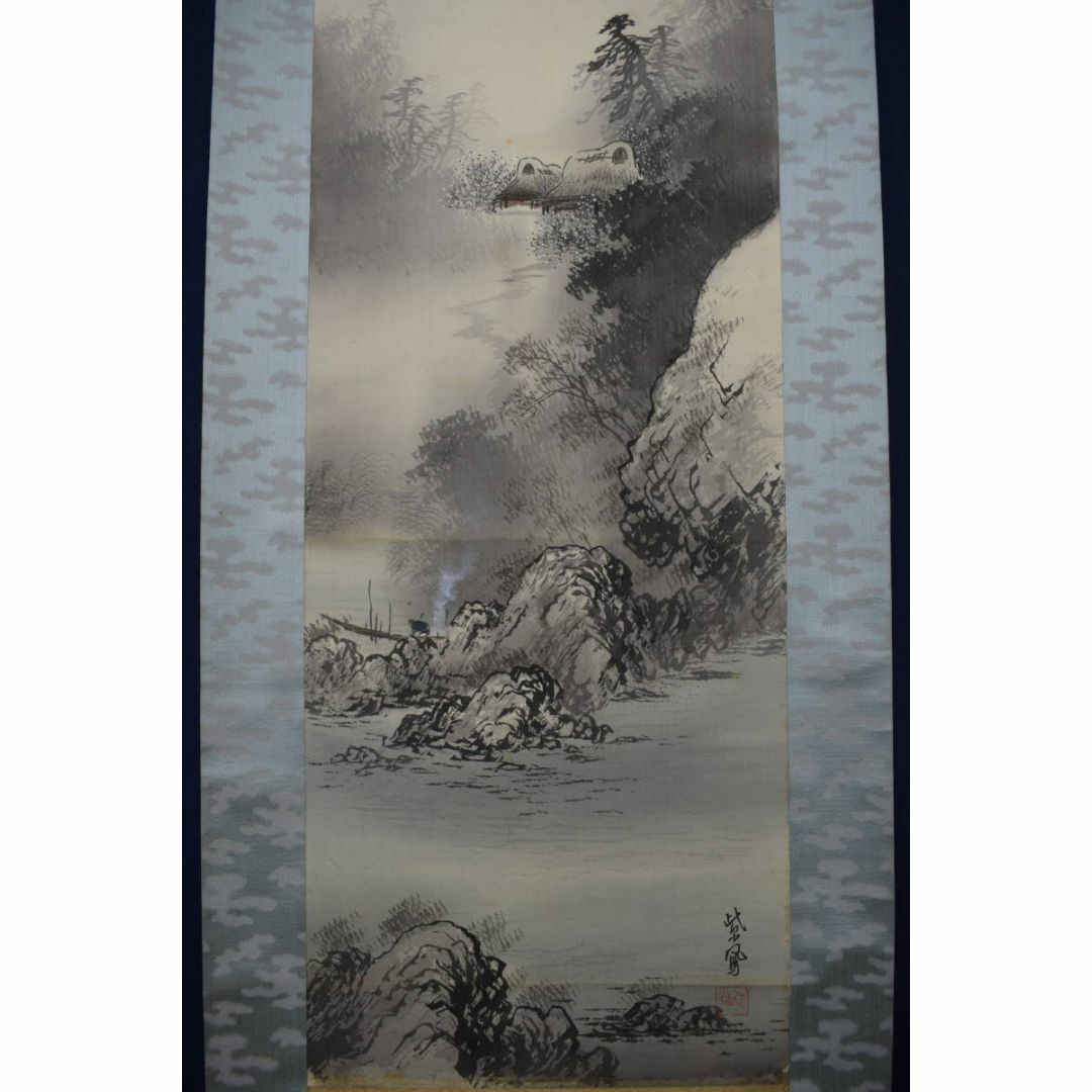 真作】紫鳳/谷川紫鳳/早春梅花山水図/漁舟図/掛軸☆宝船☆Y-385の通販