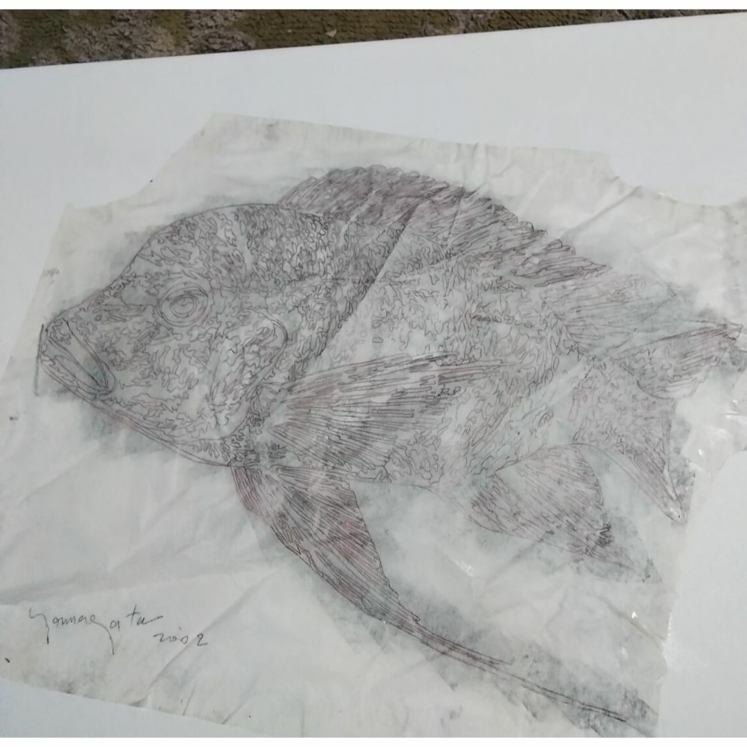 ヒロ・ヤマガタ巨匠真作魚直筆ドローイング鉛筆木炭画5号額無し保証書あり