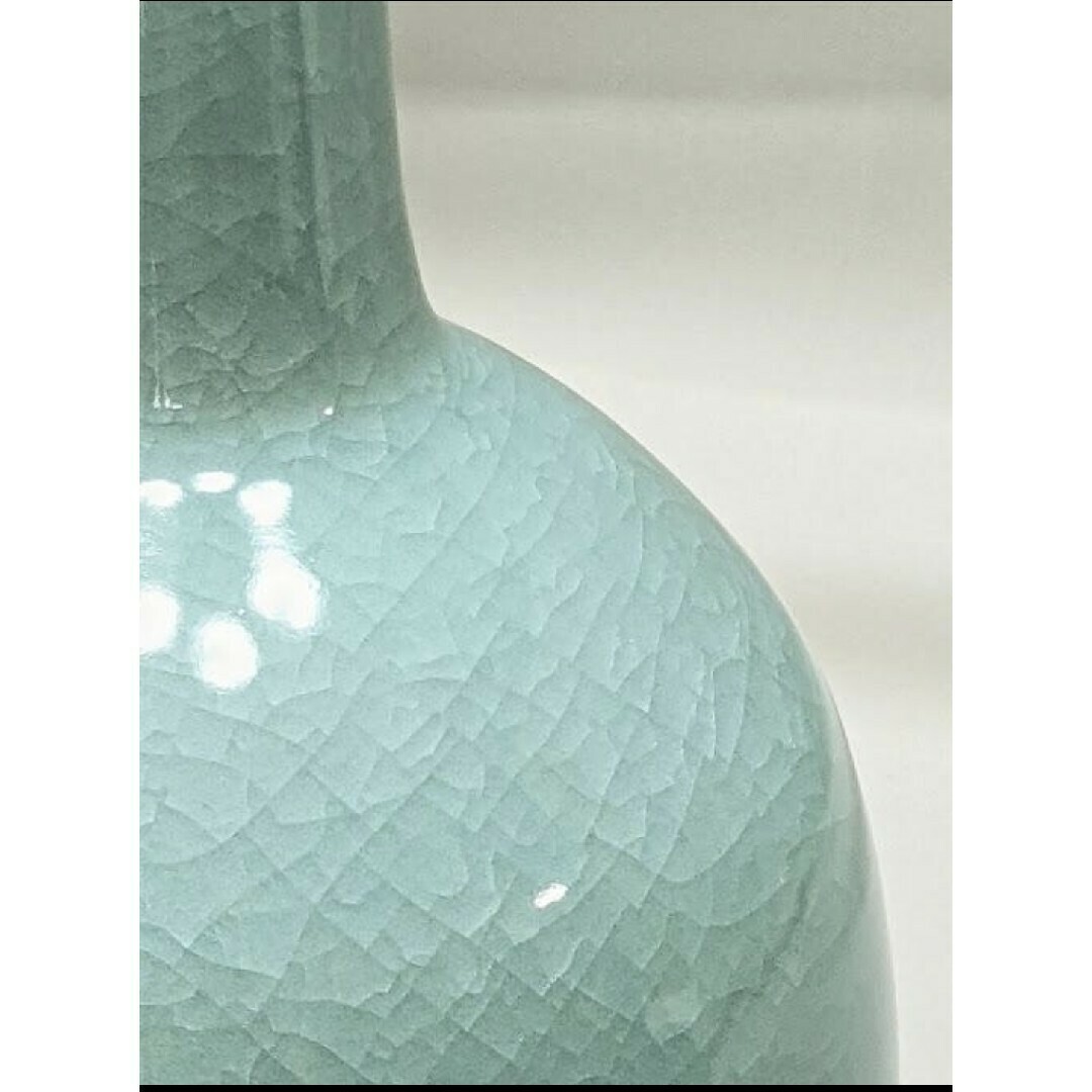 未使用 鍋島焼 青磁双耳鶴首瓶第9代目小笠原長春作花瓶貫入 陶印