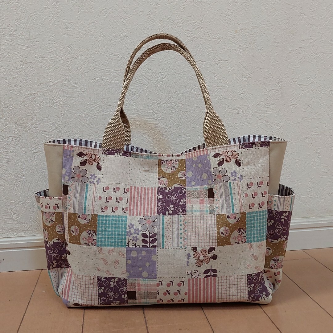 パッチワーク、サイドポケット付き2wayトートバック パッチワーク