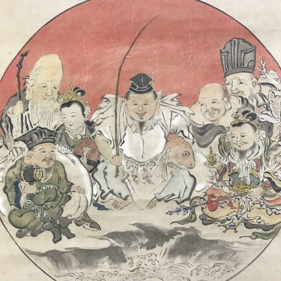 真作/狩野探幽/七福神図/祝掛軸/正月掛軸/人物図/掛軸☆宝船☆AK-614の