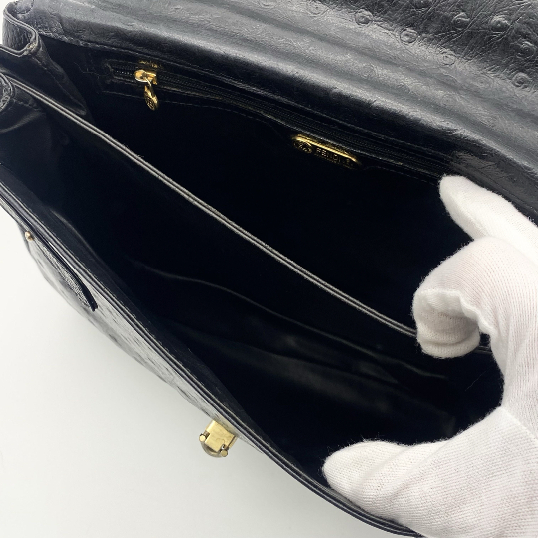 FENDI 2way ショルダーバッグ FF型押し オーストリッチ レザー 黒