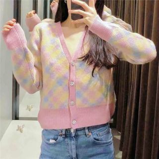 ZARA - ザラ コントラストダブルレイヤーポロニットカーディガン L