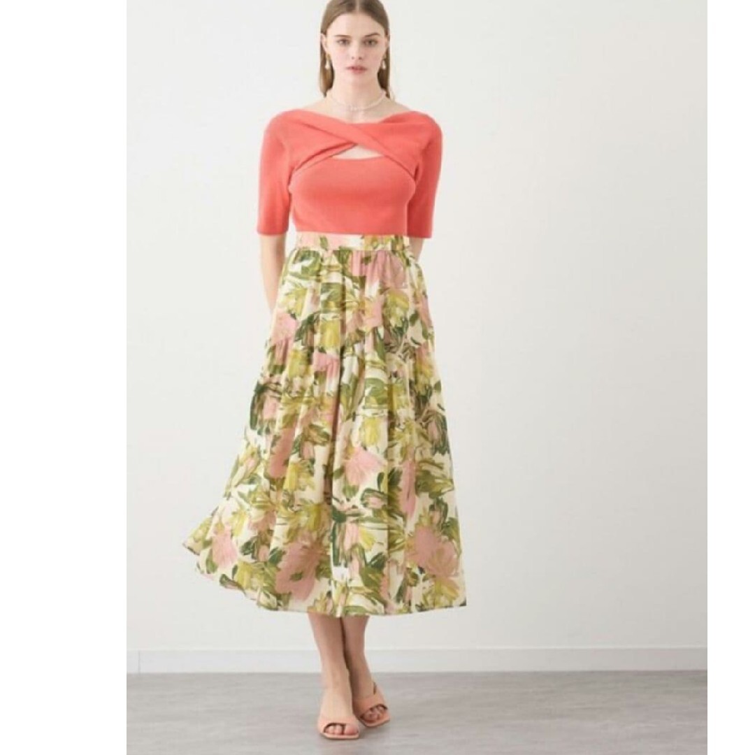ANAYI ペイントフラワープリントティアード スカート 36