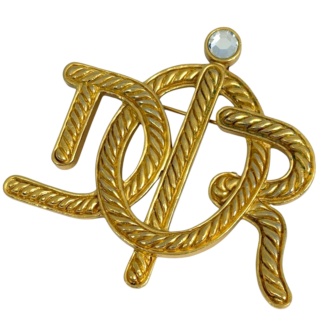 ChristianDior ロゴ ブローチ コサージュ ライトストーン ゴールド