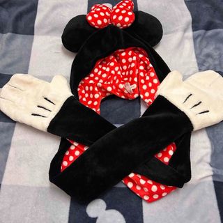 ミニーマウス - ディズニー マフラーキャップ ミニーちゃん 赤黒水玉