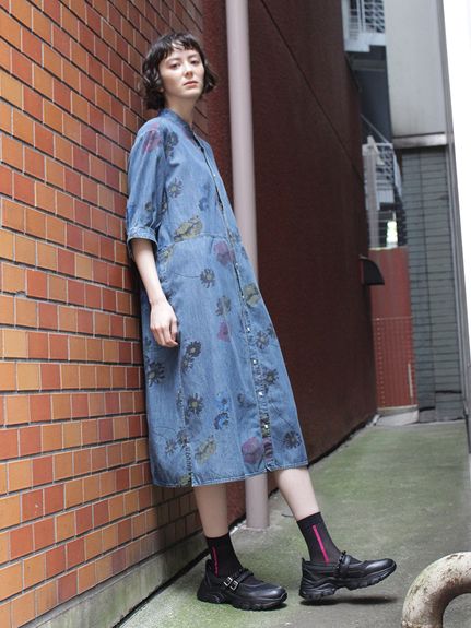 ライトオンスデニム スプリングフラワープリントワンピース(前開き