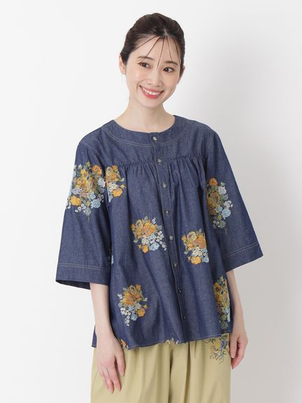 デニム/ツイル ブロッサムクラスタ刺繍ブルゾンブラウス（ブラウス