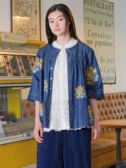 デニム/ツイル ブロッサムクラスタ刺繍ブルゾンブラウス（ブラウス