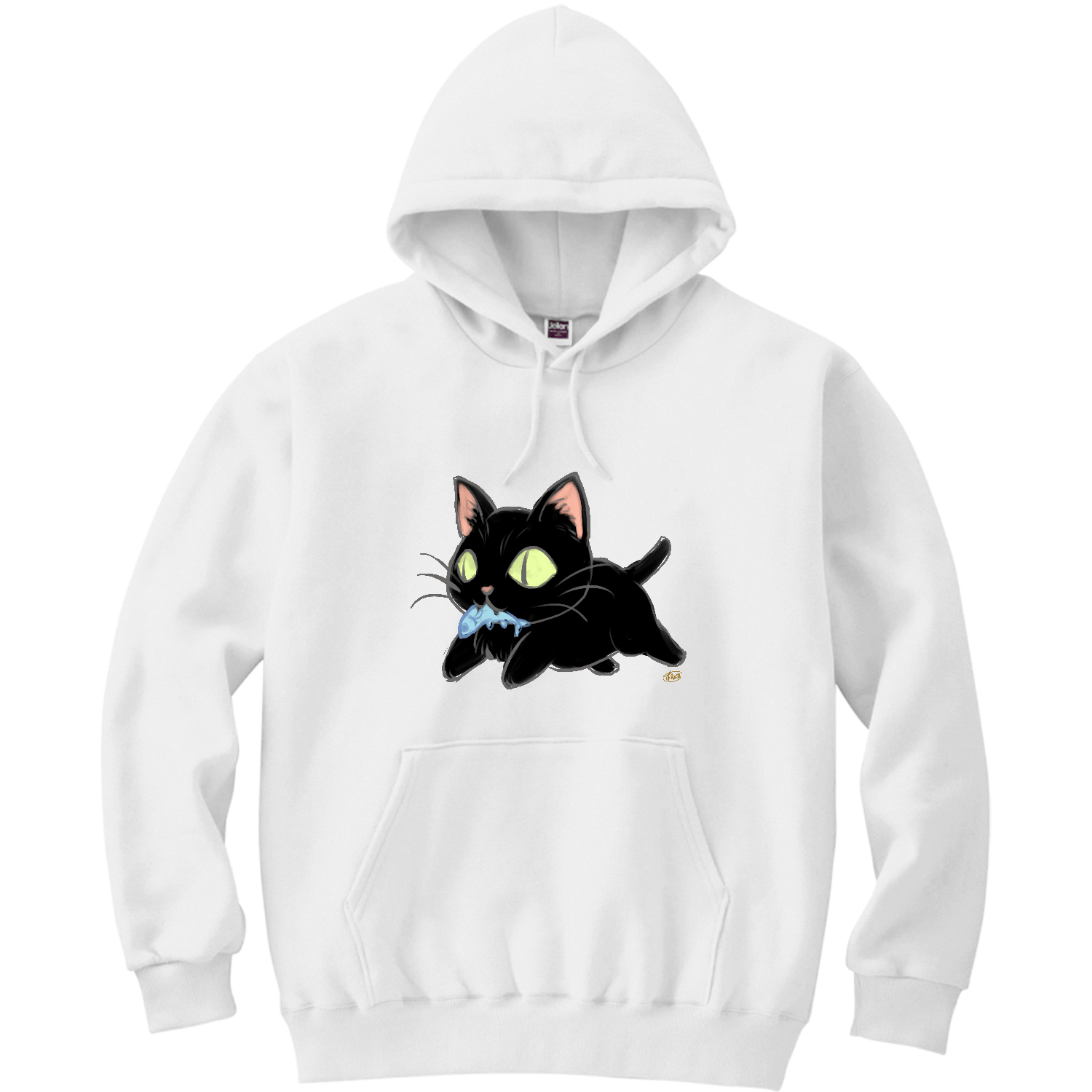 お魚くわえたクロ猫軽量プルパーカー (長袖プリント)の商品購入ページ