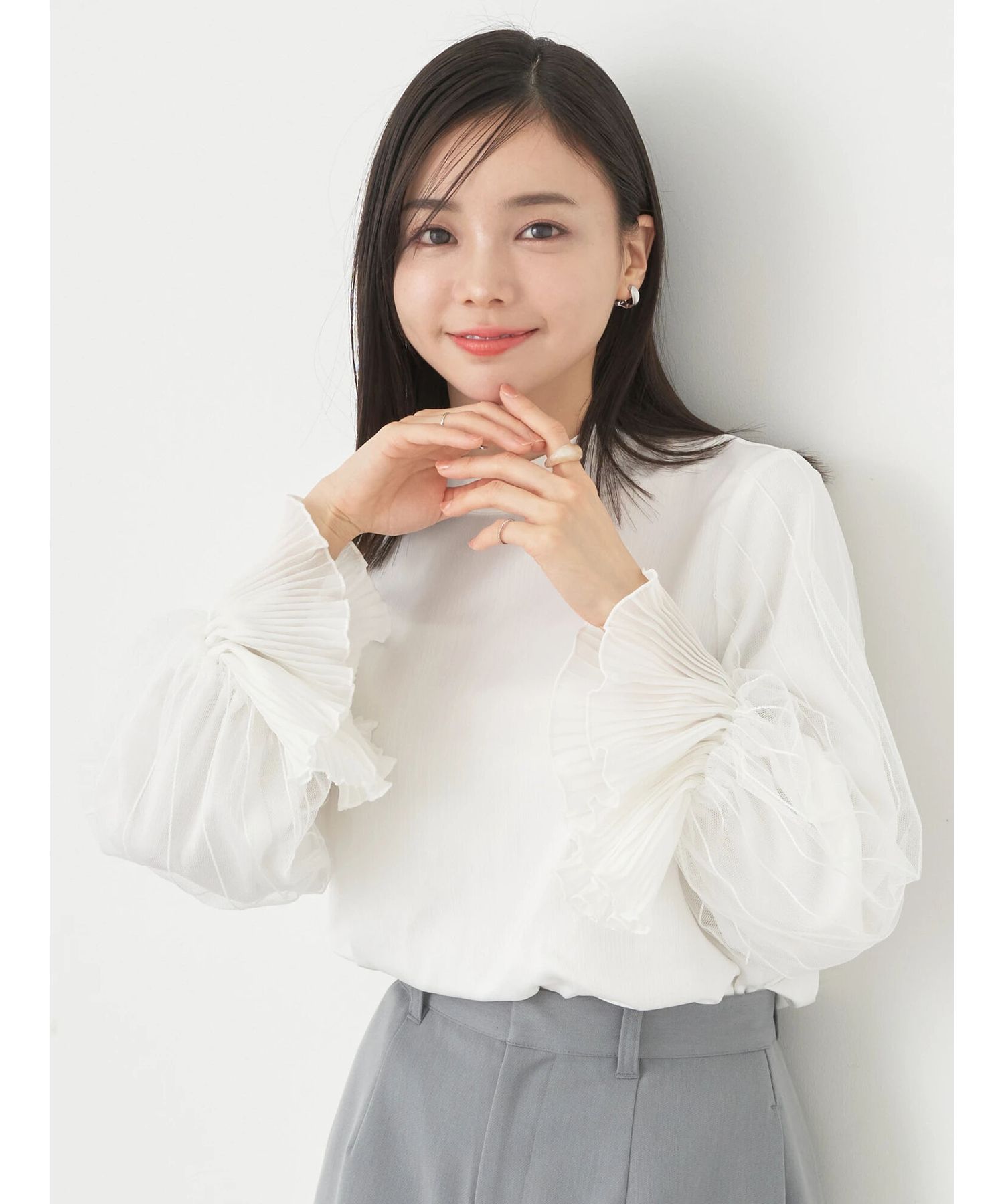 チュール袖スタンドカラートップス/earth music&ecology（アース