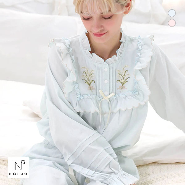 ナルエー NARUE パジャマ ダブルガーゼフラワーブーケ刺繍フリル
