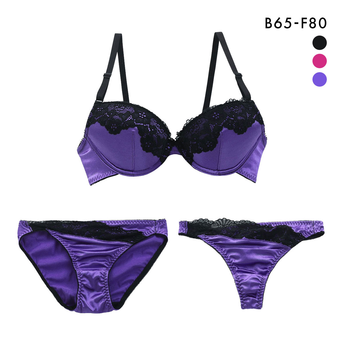 サテンブラックレース ブラジャー ショーツ セット Tバック 3点 BCDEF