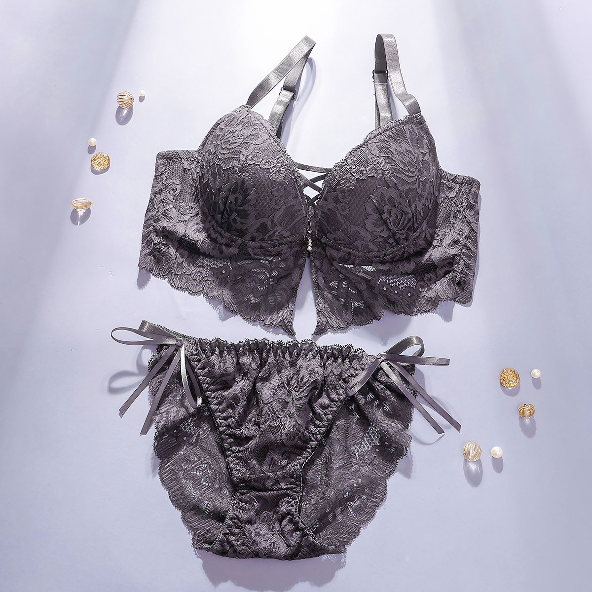 スパークス ビスチェ風モノトーンレースアップ ブラジャー ショーツ