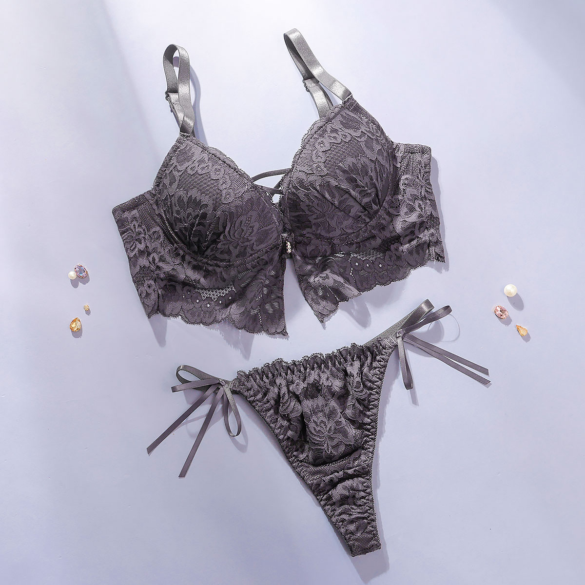 スパークス ビスチェ風モノトーンレースアップ ブラジャー ショーツ