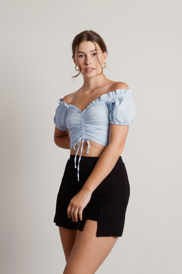 White Crop Top - Off Shoulder Ruched Front Tie Crop Tob - Short