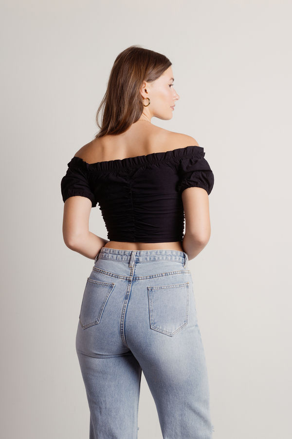 White Crop Top - Off Shoulder Ruched Front Tie Crop Tob - Short