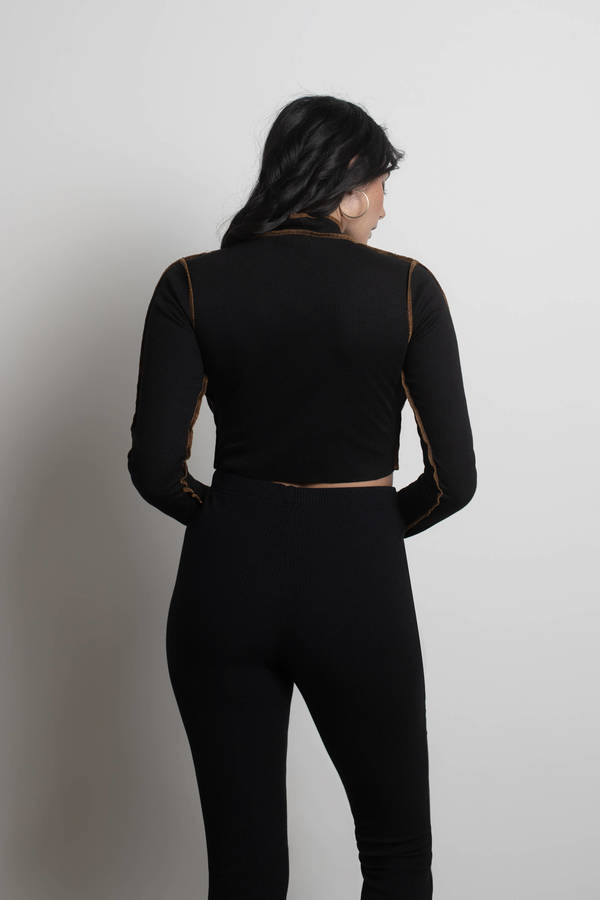 Black Crop Top - Exposed Stitch Crop Crop - Lace Up Crop Top