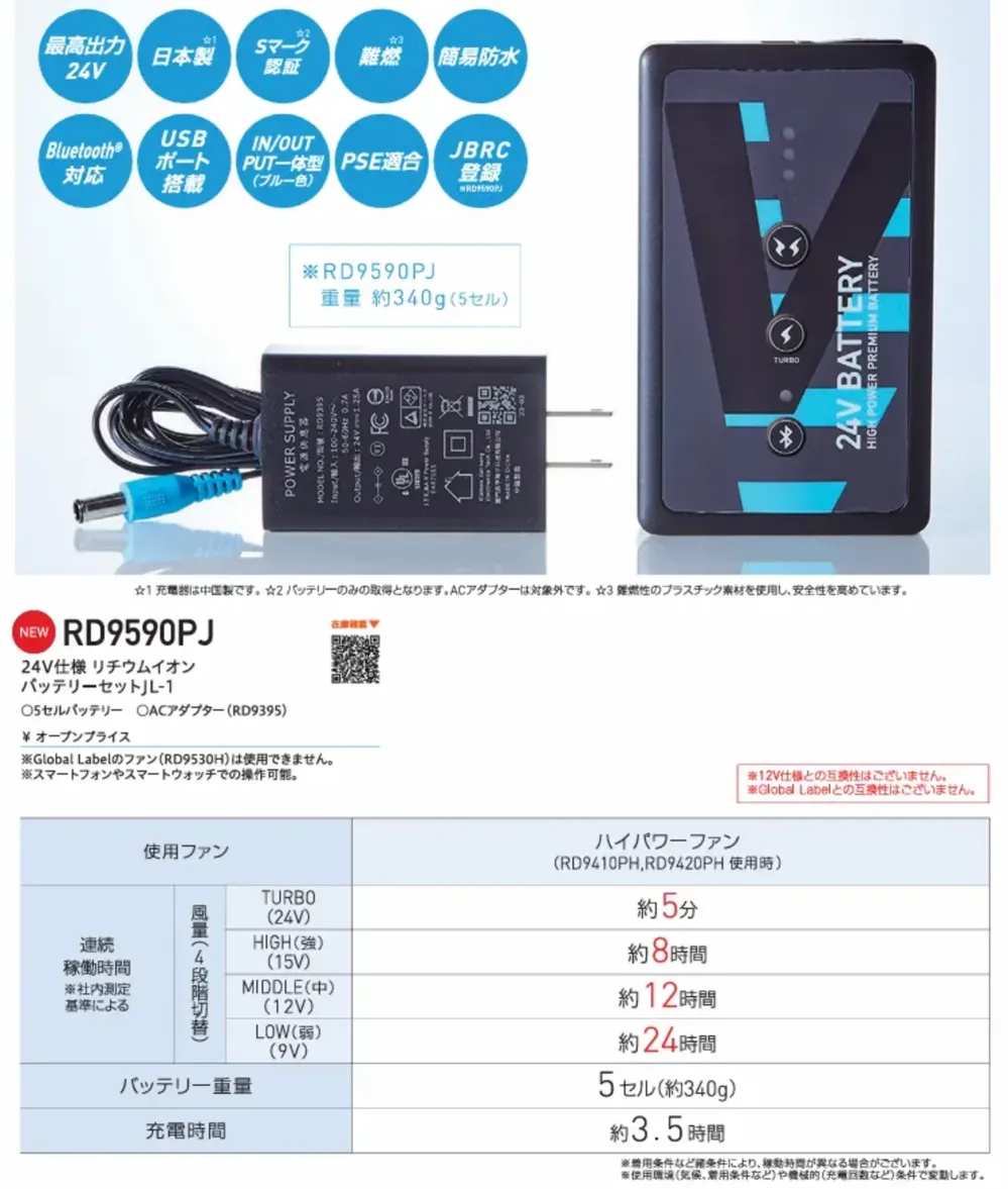 24VリチウムイオンバッテリーセットGL-1 ビッグボーン RD9590PJ 作業着