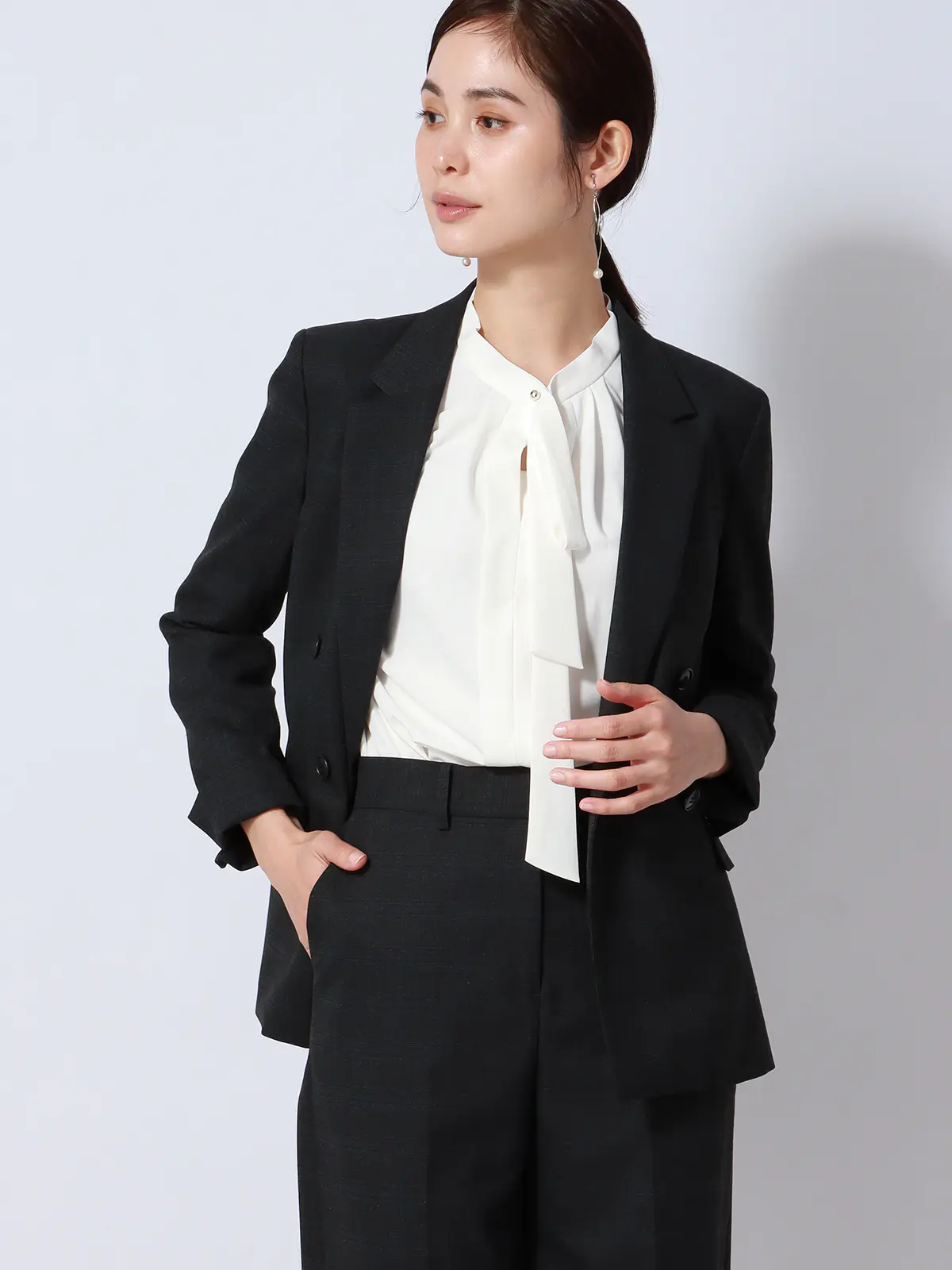 ボウタイタックブラウス／7分袖／ウォッシャブル／ジョーゼット