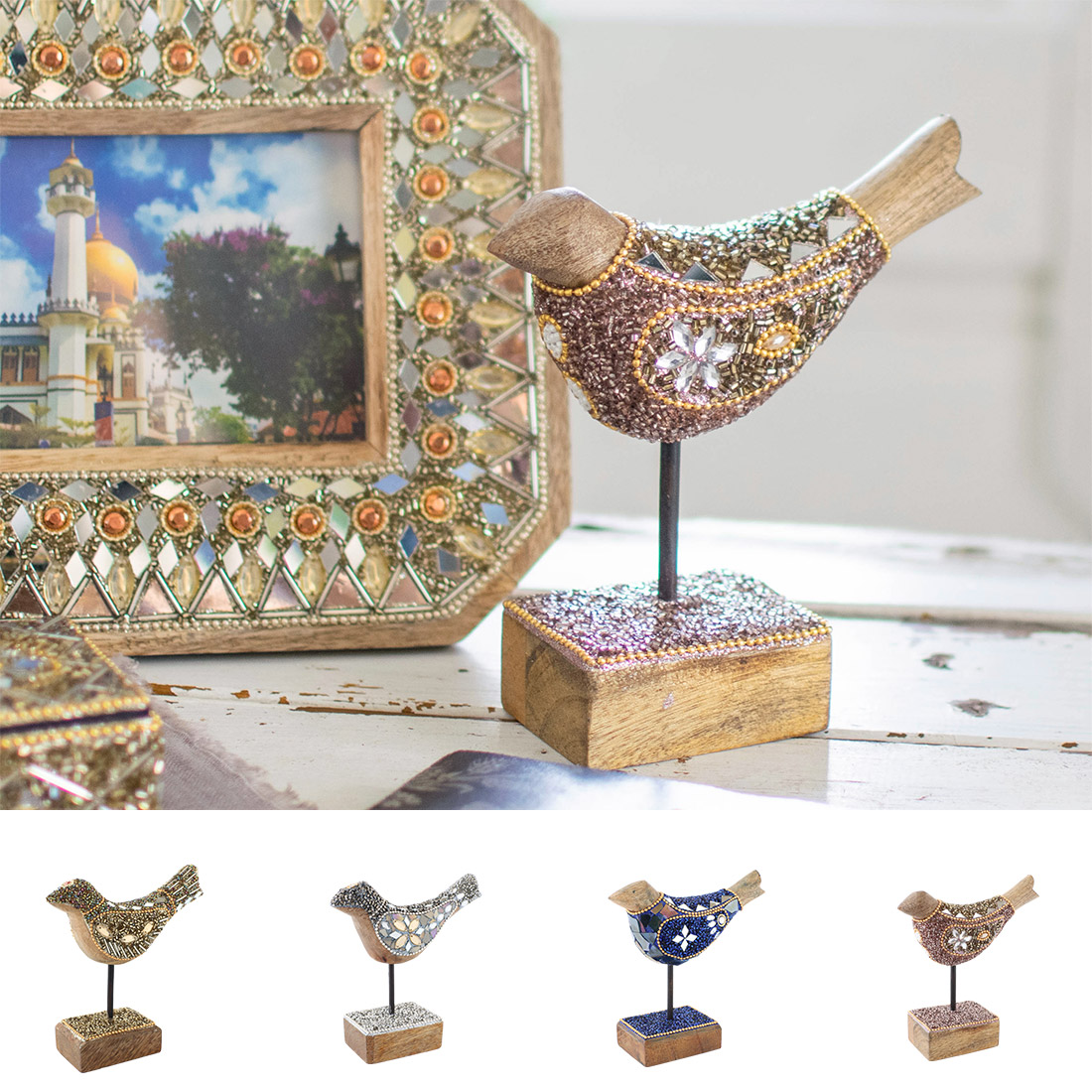 ビーズウッドバード[オブジェ 置物 木製 鳥 トリ とり スパンコール