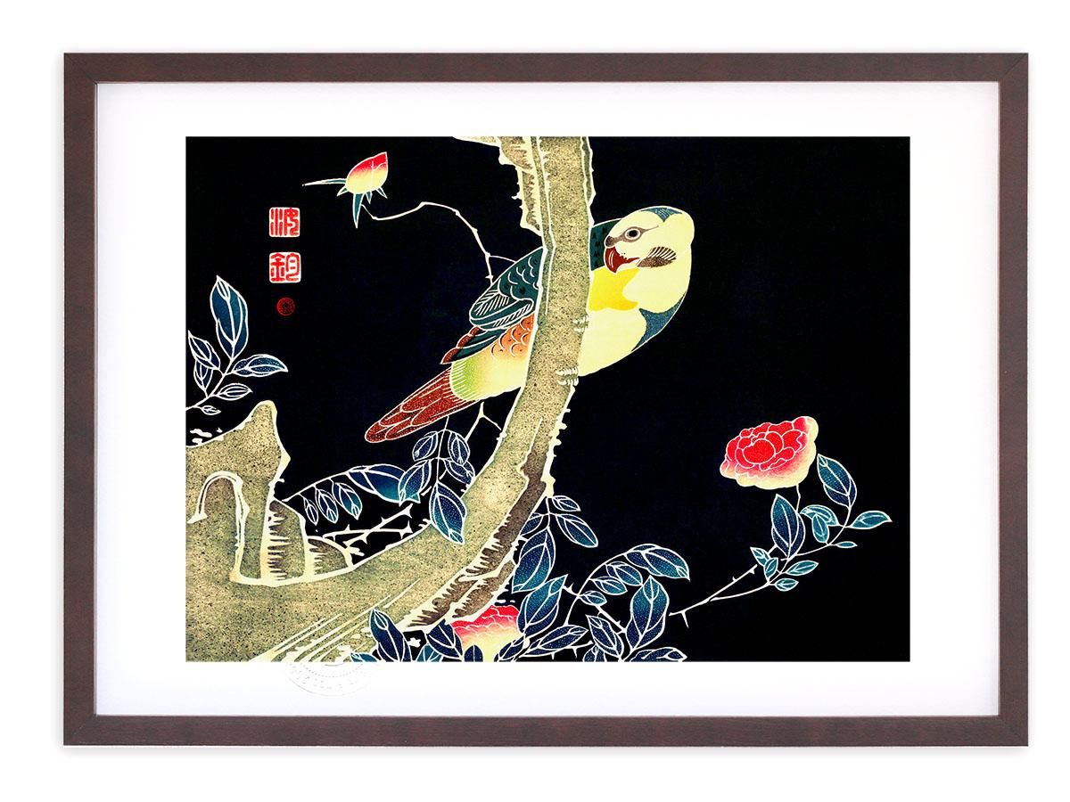 版画 絵画 名画 日本画 薔薇に鸚哥図 伊藤若冲 インテリア 壁掛け 額
