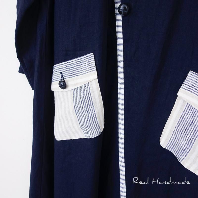 ネイビーリネン|フラップポケットマキシワンピース - REAL HANDMADE
