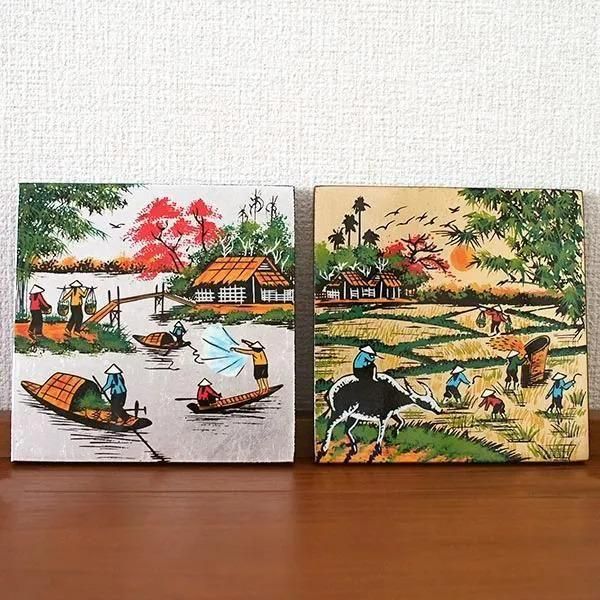 ベトナム 暮らしを描いた 漆絵の小さなアート（3種）