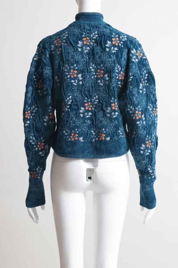 Mame Kurogouchi(マメ) Floral Motif Chenille Knitted Cardigan BLUE