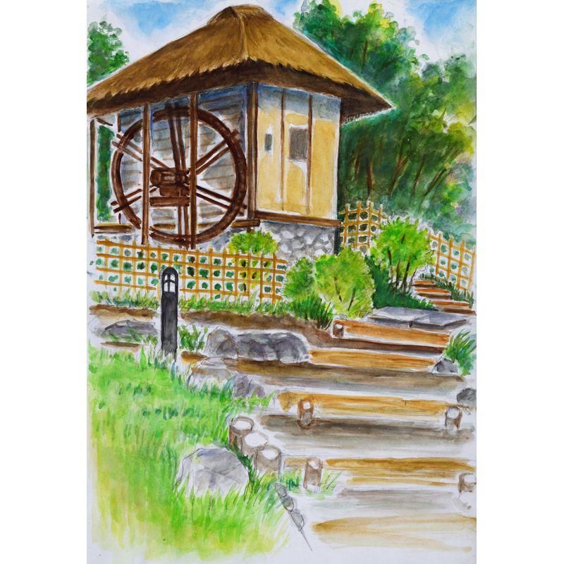 箸方たみ 「水車小屋（生田緑地民家園）」 水彩4号大（35.0×24.5cm