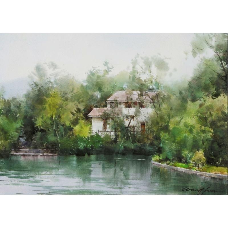 王 軍 「池畔」 水彩4号大（23.5×32.8cm） - 一枚の繪オンラインショップ