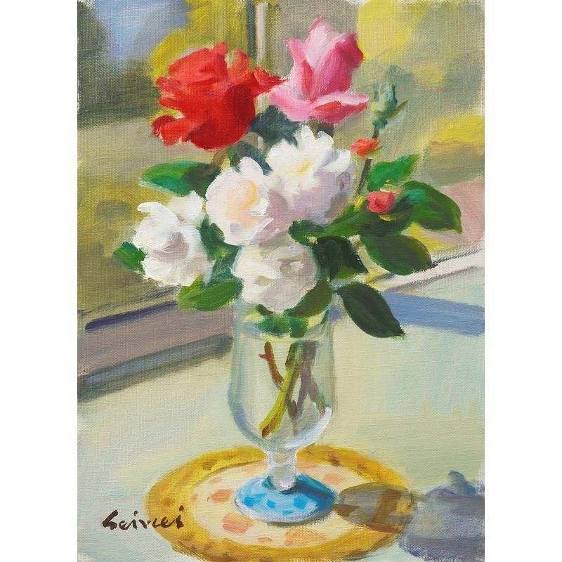 池田清明 「窓辺のバラ」 油彩4号 額付き - 一枚の繪オンラインショップ