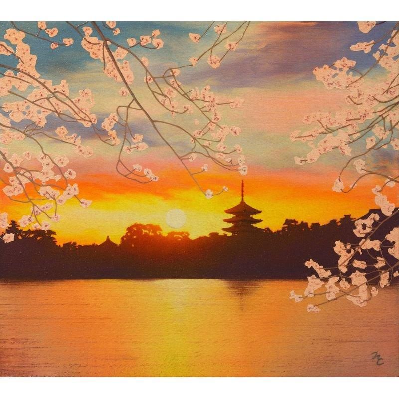 鎮西直秀 「瑞輝 興福寺春色」 紙に油彩特3号（24.3×27.3㎝） - 一枚の