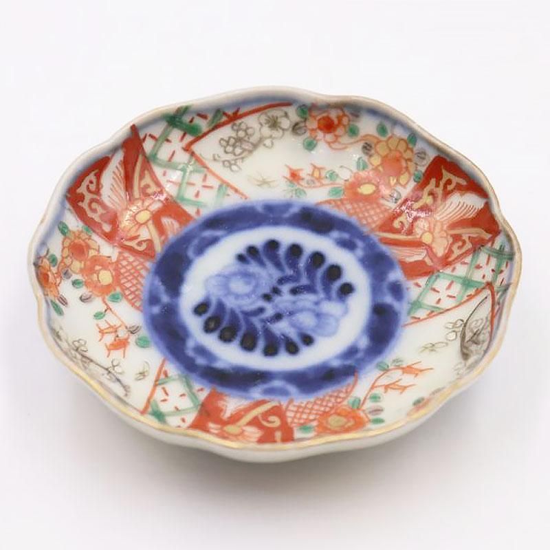 小皿 手塩皿 豆皿 色絵付け 染付 古伊万里 梅と鶴 2枚 明治