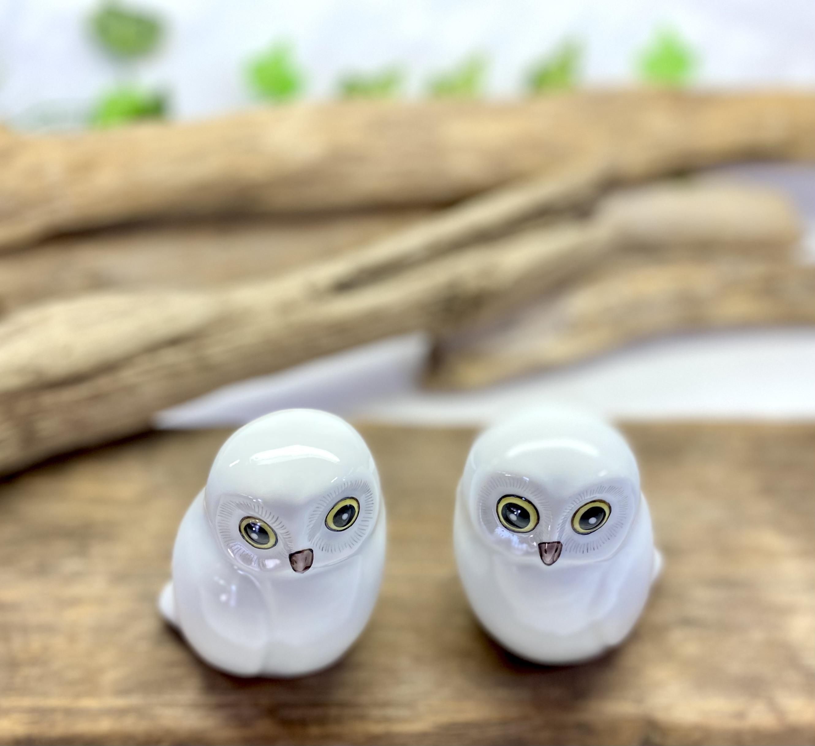 九谷焼 フクロウ ふくろう 幸運 置物 ホワイトペア梟 3寸 裏書-百華園