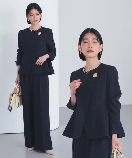 ノーカラーラップペプラムワイドパンツスーツ「SU1668」