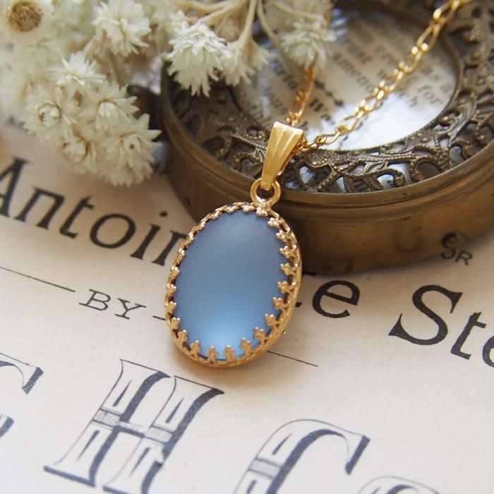 ヴィンテージガラス ブルー フロストガラス オーバル ネックレス