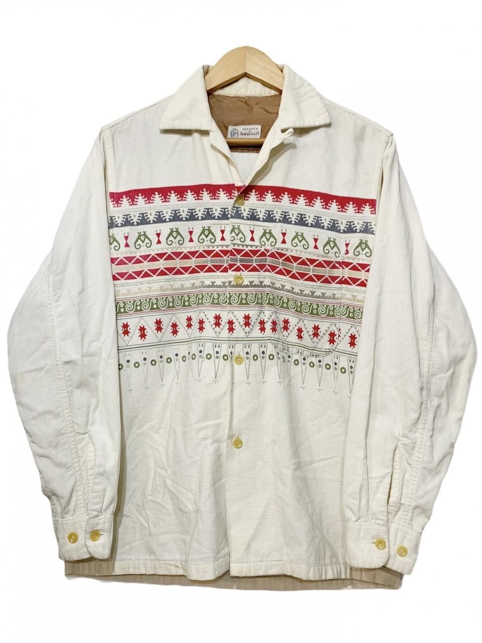 50s～60s TOWNCRAFT Print Corduroy Open Collar Shirt 生成り S