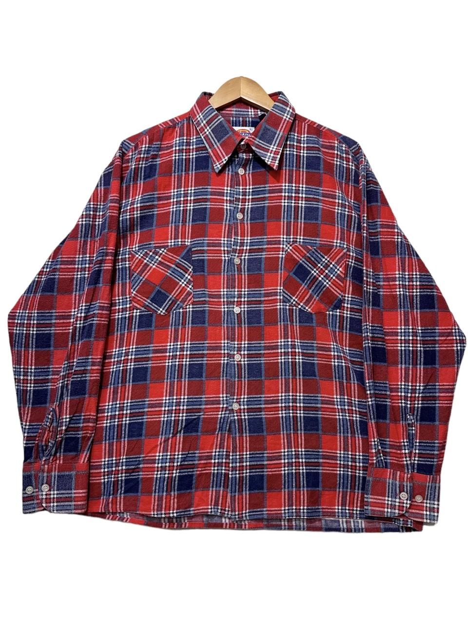 70s~80s Dickies Print Flannel L/S Shirt 赤青 XL ディッキーズ 長袖