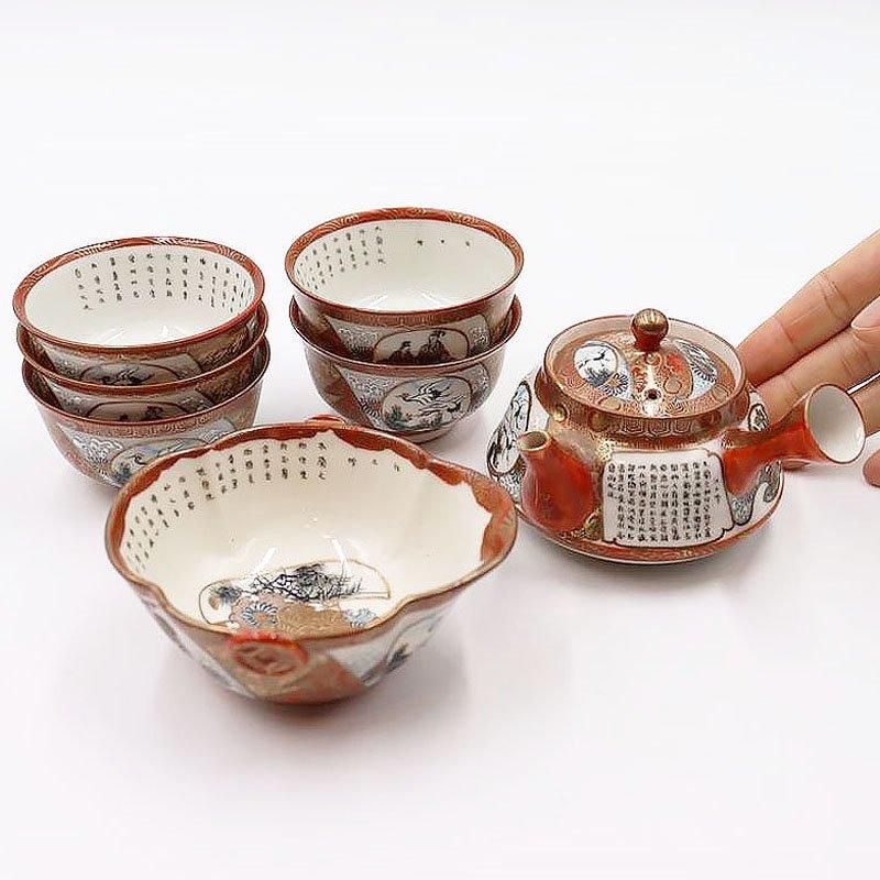 アンティーク 加賀九谷焼 金継ぎ手描き茶器セット 大正時代