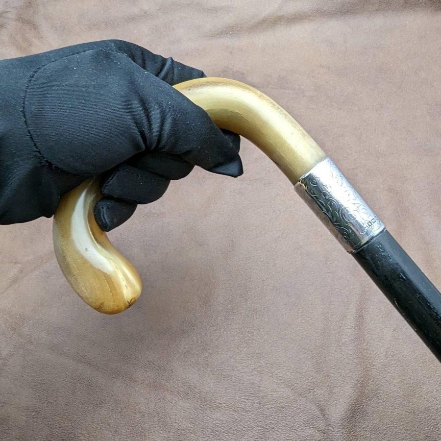 1919年 英国アンティーク 紳士用ステッキ 杖 曲がりホーンハンドル