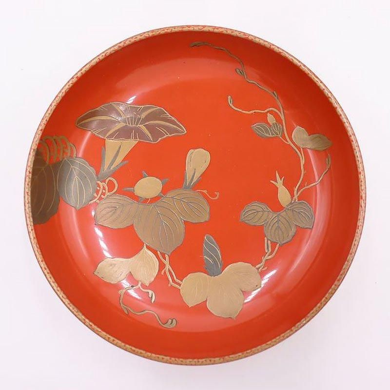 大正時代のアンティーク朱塗り煮物椀 朝顔模様