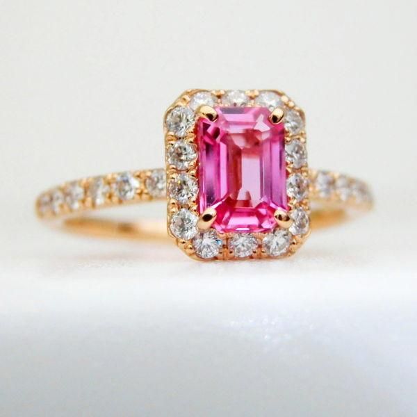 非加熱エメラルドカットパパラチアサファイア ダイヤモンドリング PDS