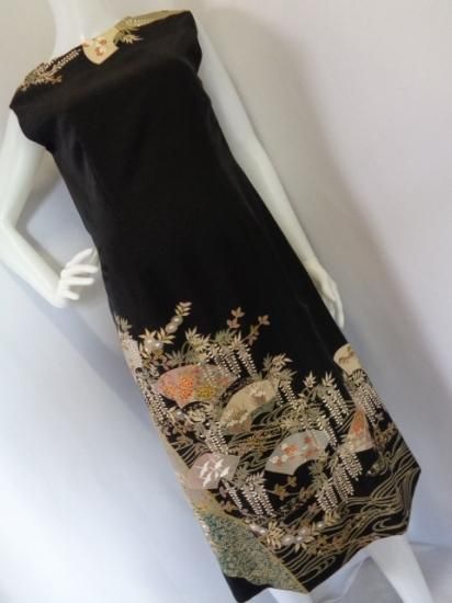 糸目刺繍 黒留袖から ワンピース & ボレロジャケット 牡丹 藤 梅 鶴 13