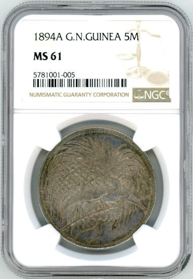 極楽鳥 ドイツ領ニューギニア5マルク銀貨 1894年A MS61/未使用－ 送料