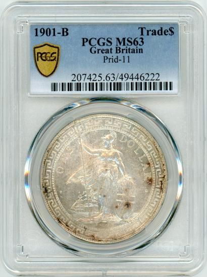 イギリス1ドル銀貨 貿易銀 ブリタニア立像 1901年B MS63/未使用 送料込